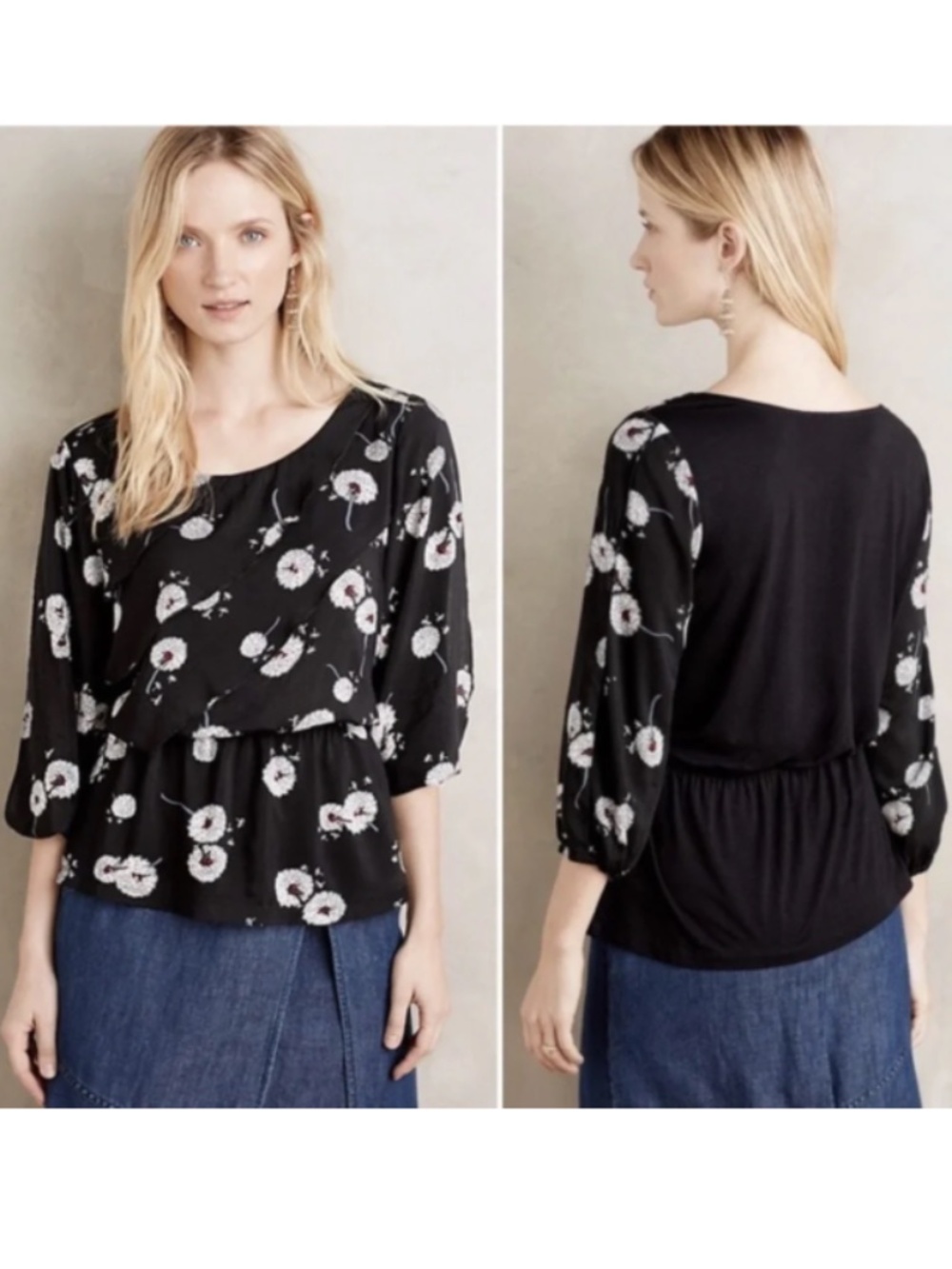 Anthropologie Deletta Top M Wished Blooms Dandelion Black Rayon 3/4 Split Sleeve